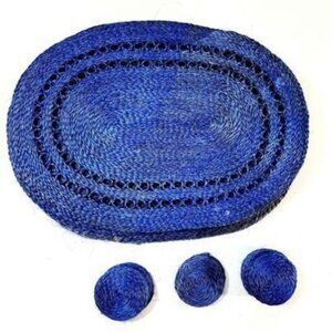 Vintage Lot 6 Blue Placemats & 11 Coasters Straw Woven Wicker Dinner Kitchen